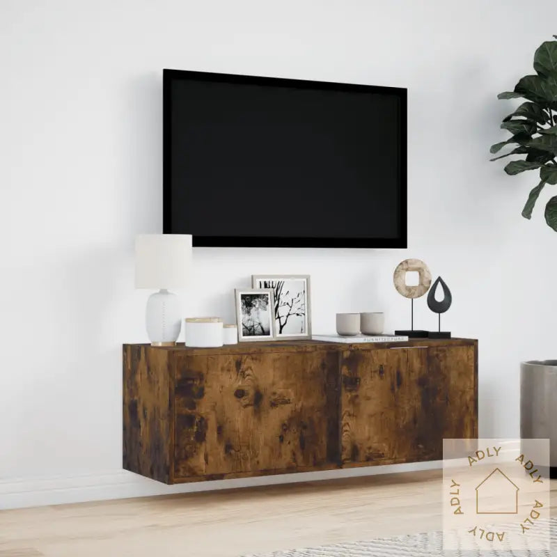 Vegghengt Tv-Benk Med Led Røkt Eik 100X31X35 Cm