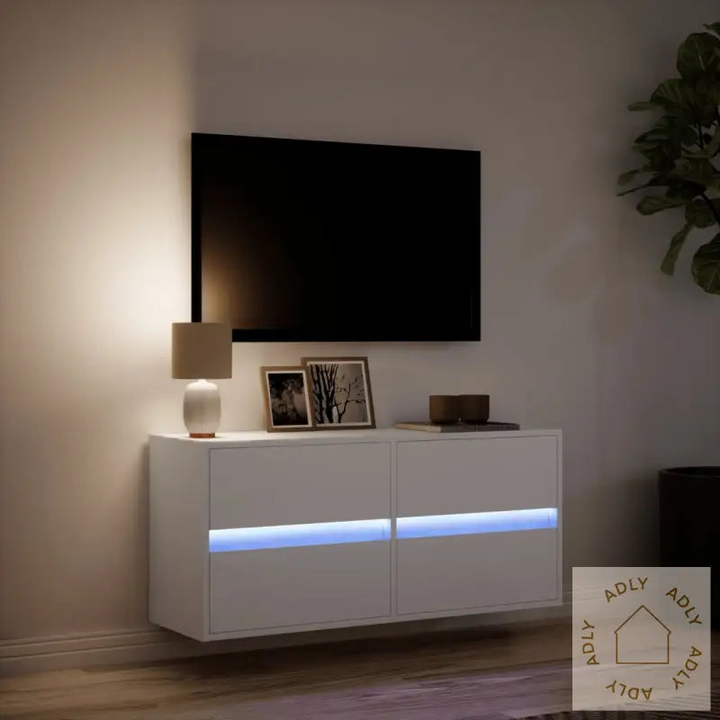 Vegghengt Tv-Benk Med Led Hvit 100X31X45 Cm