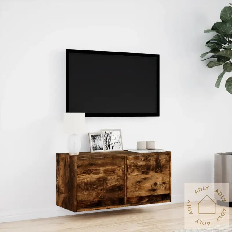 Vegghengt Tv-Benk Med Led Røkt Eik 80X31X35 Cm