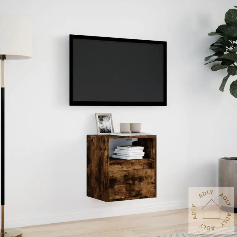 Vegghengt Tv-Benk Med Led Røkt Eik 41X31X45 Cm
