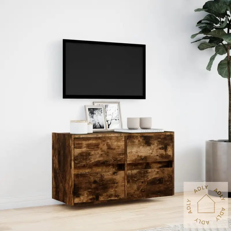 Vegghengt Tv-Benk Med Led Røkt Eik 80X31X45 Cm