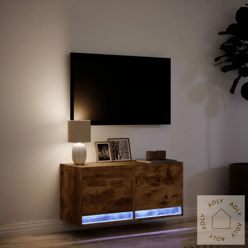 Vegghengt Tv-Benk Med Led Røkt Eik 80X31X35 Cm