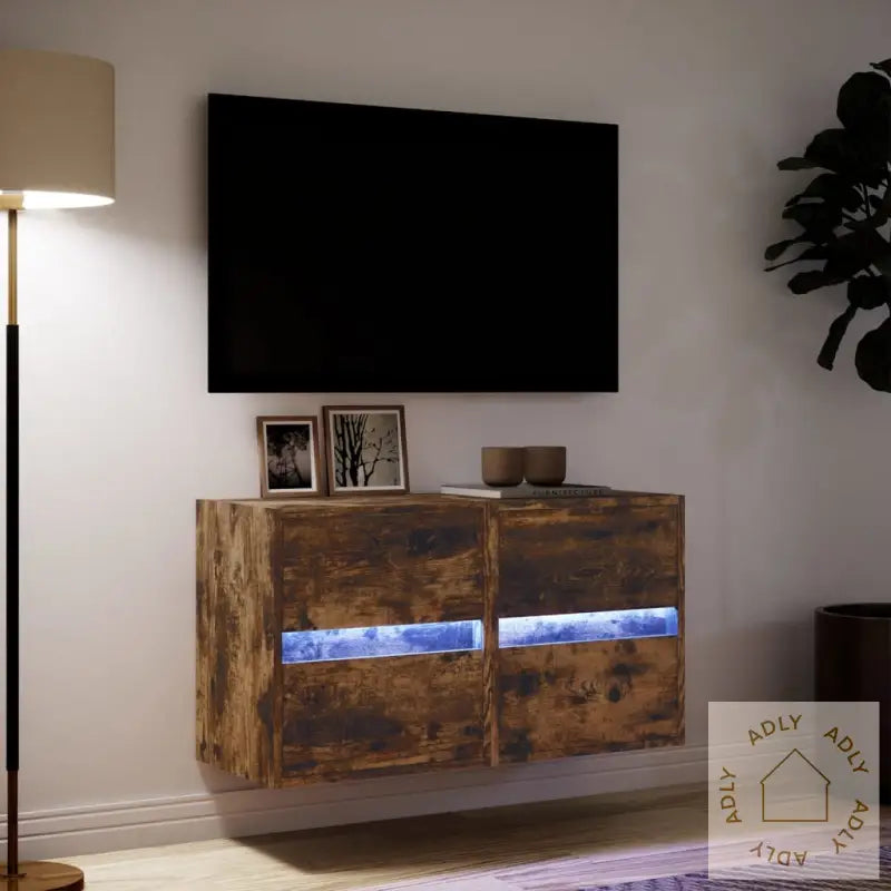 Vegghengt Tv-Benker Med Led-Lys 2 Stk Røkt Eik 41X31X45 Cm