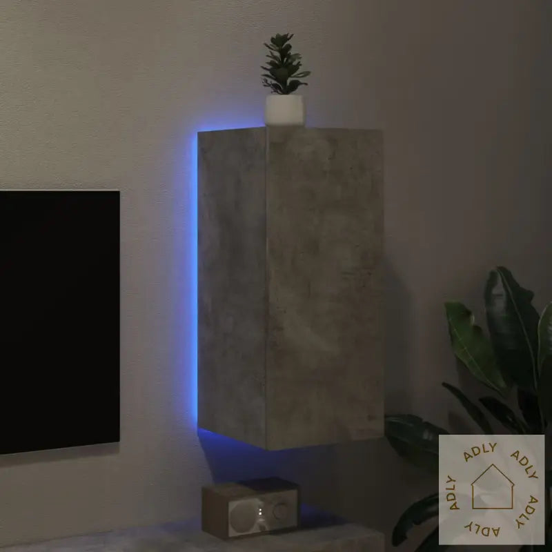 Vegghengt Tv-Benk Med Led-Lys Betonggrå 30,5X35X70 Cm