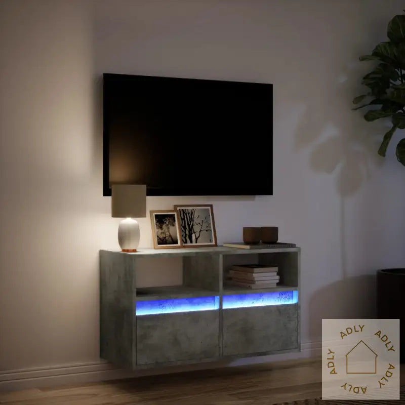 Vegghengt Tv-Benk Med Led-Lys Betonggrå 80X31X45 Cm