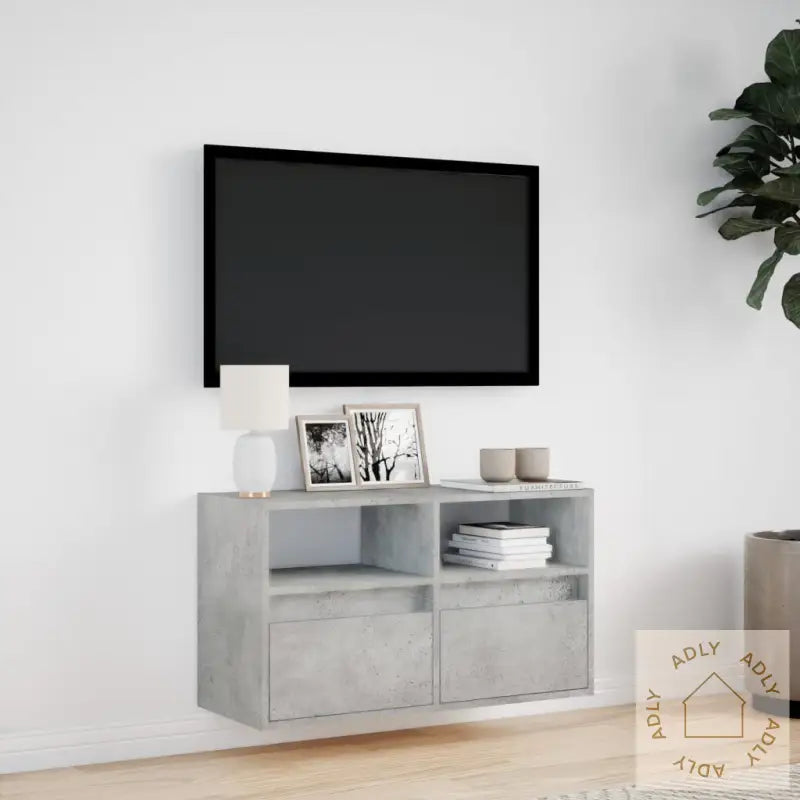 Vegghengt Tv-Benk Med Led-Lys Betonggrå 80X31X45 Cm