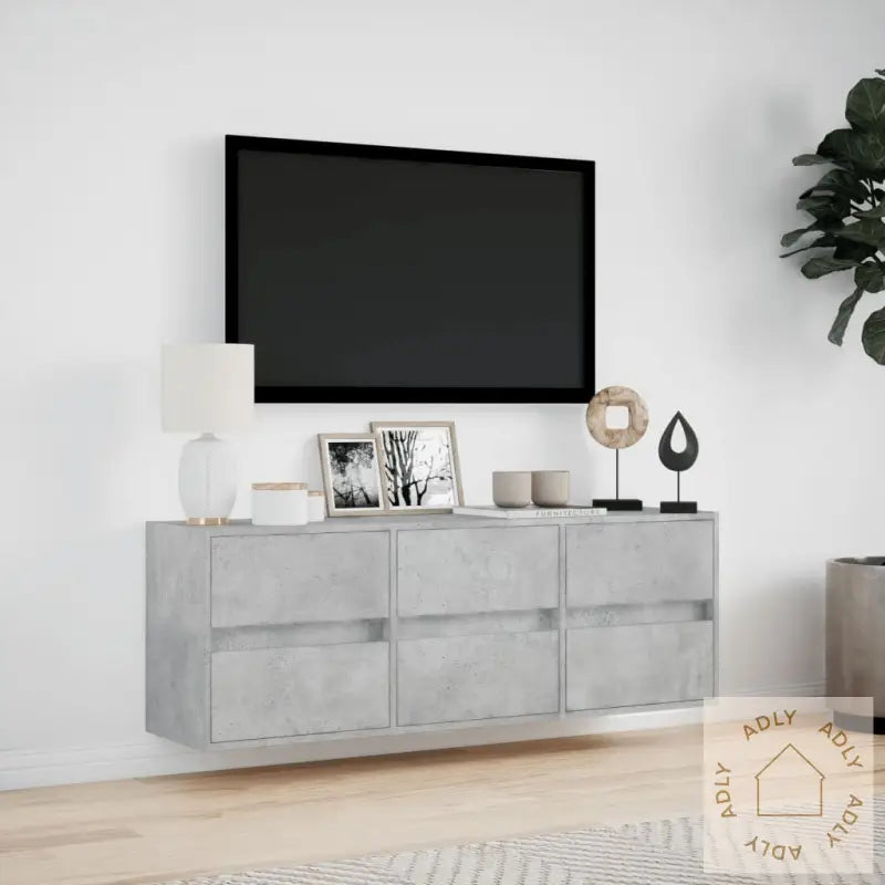 Vegghengt Tv-Benk Med Led-Lys Betonggrå 130X31X45 Cm