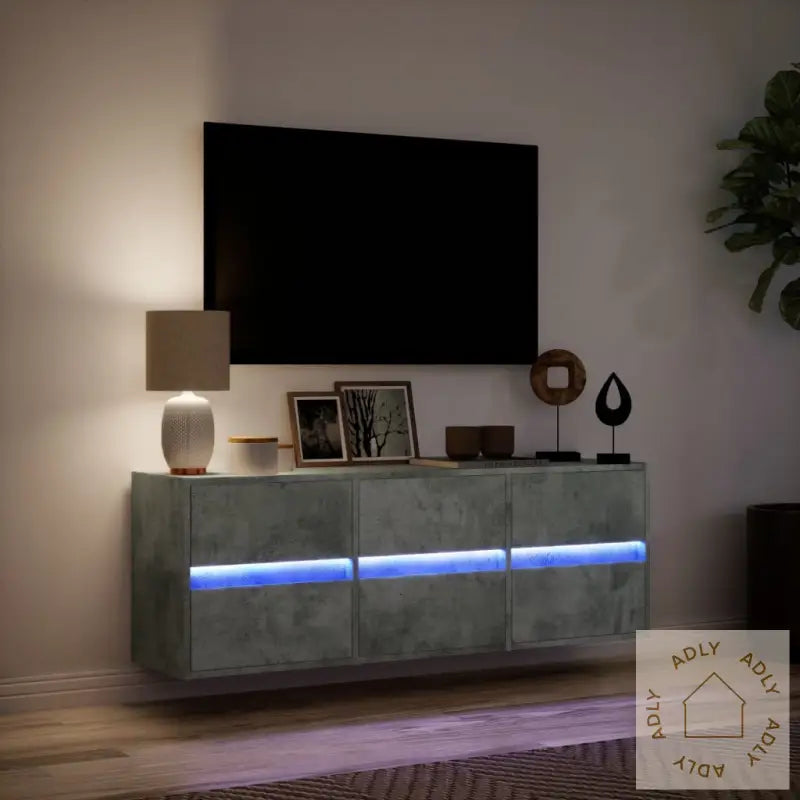 Vegghengt Tv-Benk Med Led-Lys Betonggrå 130X31X45 Cm