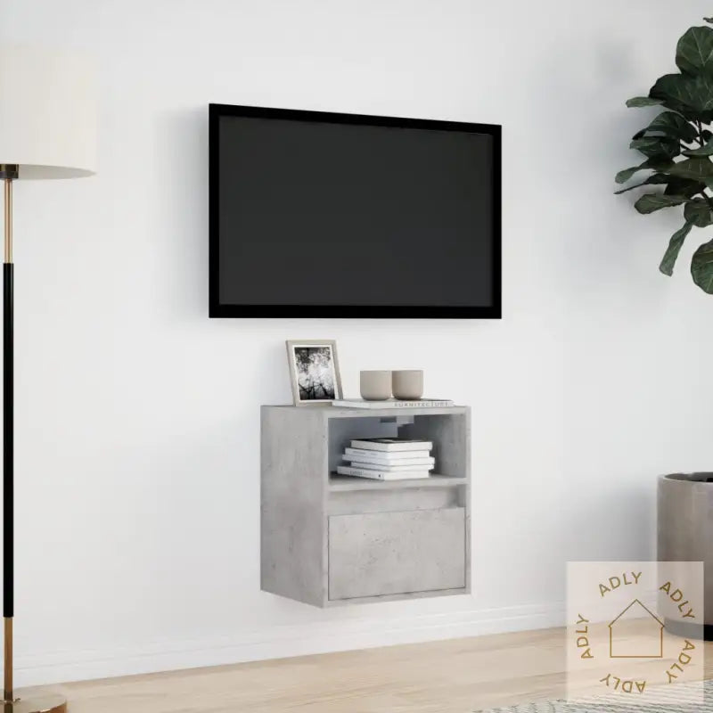 Vegghengt Tv-Benk Med Led-Lys Betonggrå 41X31X45 Cm