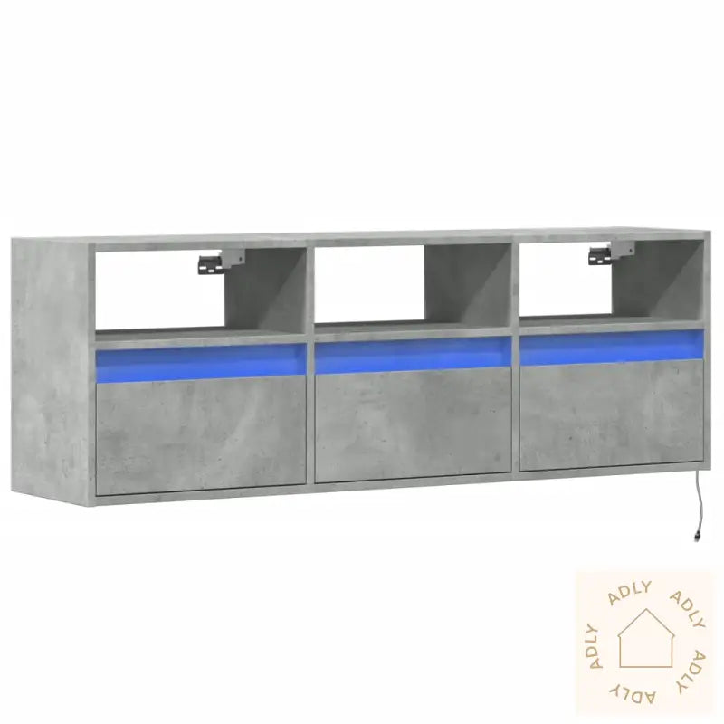 Vegghengt Tv-Benk Med Led-Lys Betonggrå 130X31X45 Cm