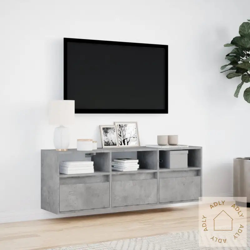 Vegghengt Tv-Benk Med Led-Lys Betonggrå 130X31X45 Cm
