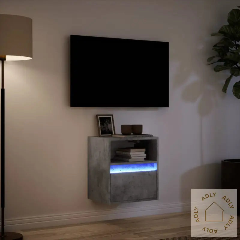 Vegghengt Tv-Benk Med Led-Lys Betonggrå 41X31X45 Cm