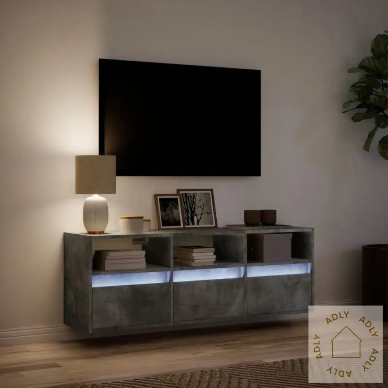 Vegghengt Tv-Benk Med Led-Lys Betonggrå 130X31X45 Cm