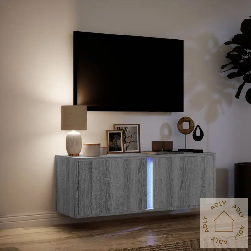 Vegghengt Tv-Benk Med Led Grå Sonoma 100X31X35 Cm