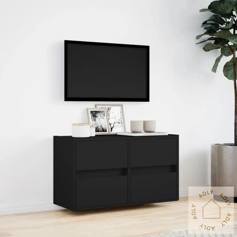 Vegghengt Tv-Benk Med Led Svart 80X31X45 Cm
