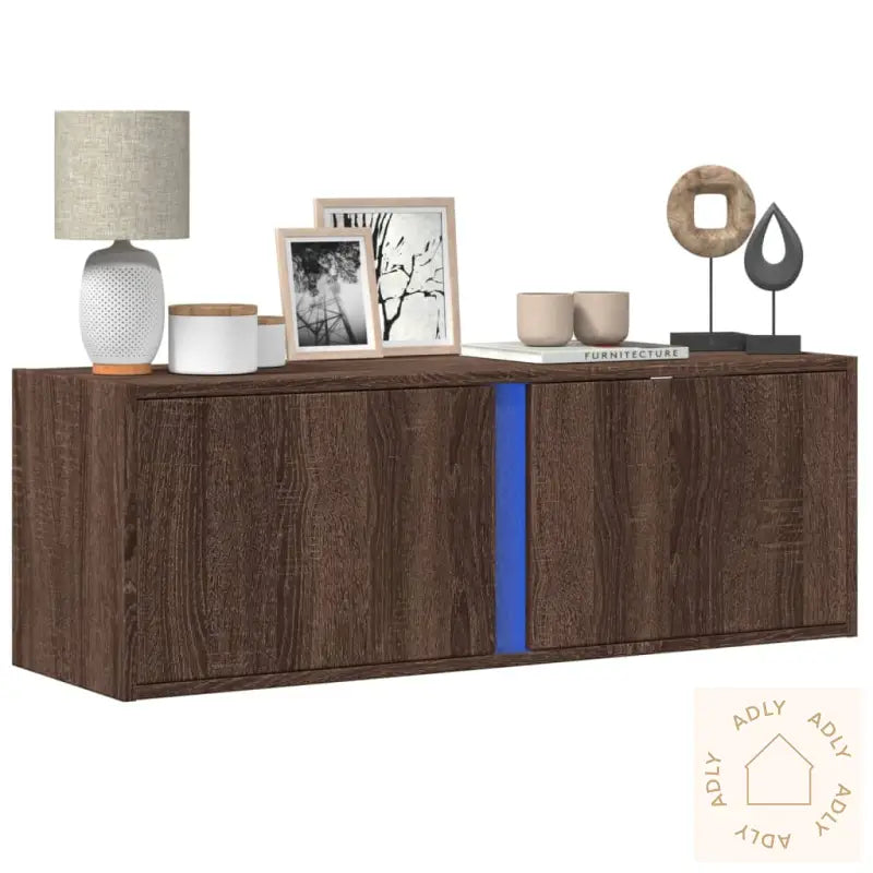 Tv Veggskap Med Led Brun Eik 100X31X35 Cm