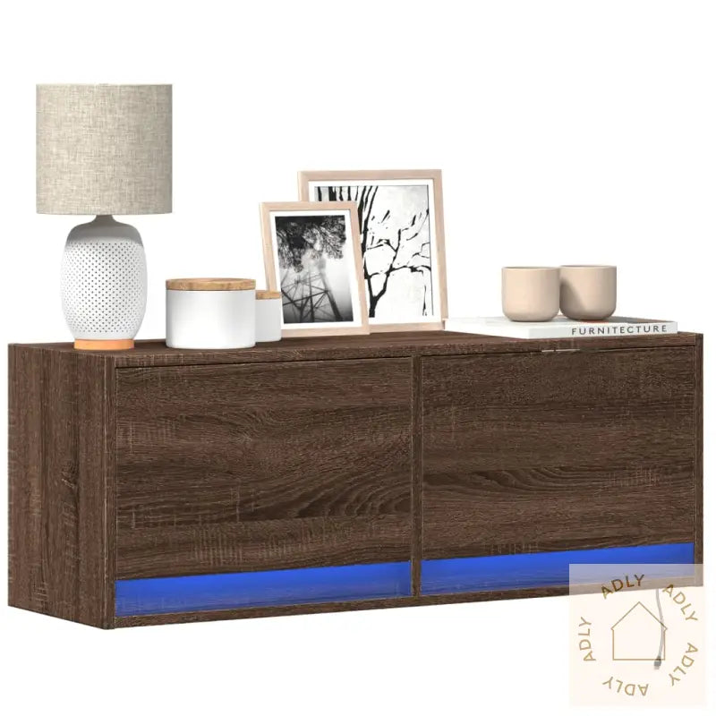 Tv Veggskap Med Led Brun Eik 100X31X35 Cm