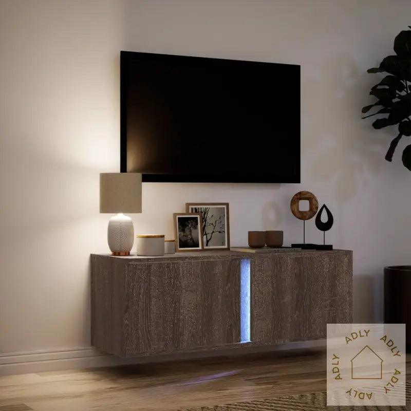 Tv Veggskap Med Led Brun Eik 100X31X35 Cm