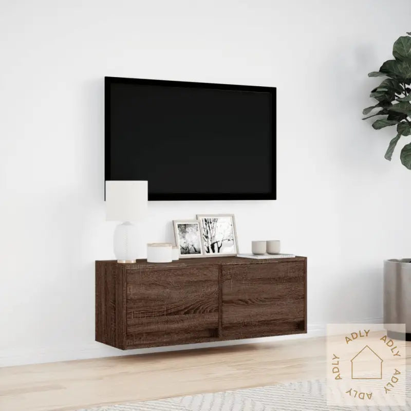 Tv Veggskap Med Led Brun Eik 100X31X35 Cm