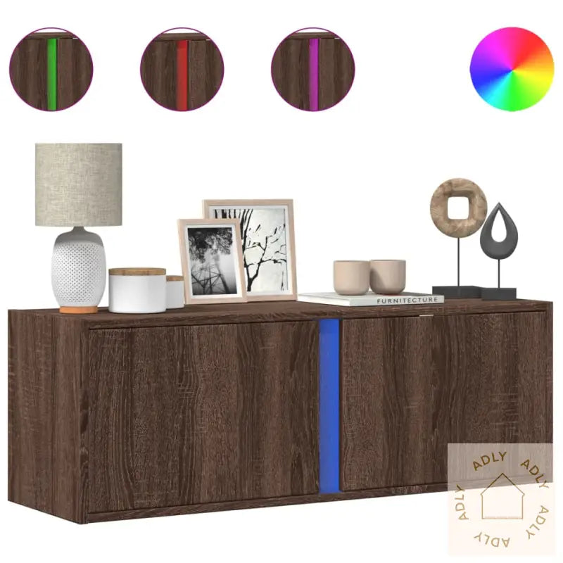 Tv Veggskap Med Led Brun Eik 100X31X35 Cm