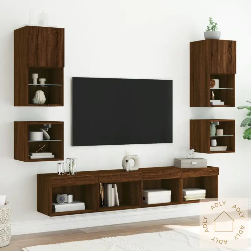 Vegghengt Tv-Benk Med Led 2 Stk Brun Eik 30X28,5X30 Cm