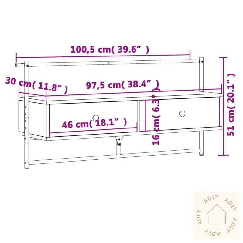 Tv-Benk Veggmontert Brun Eik 100,5X30X51 Cm Konstruert Tre