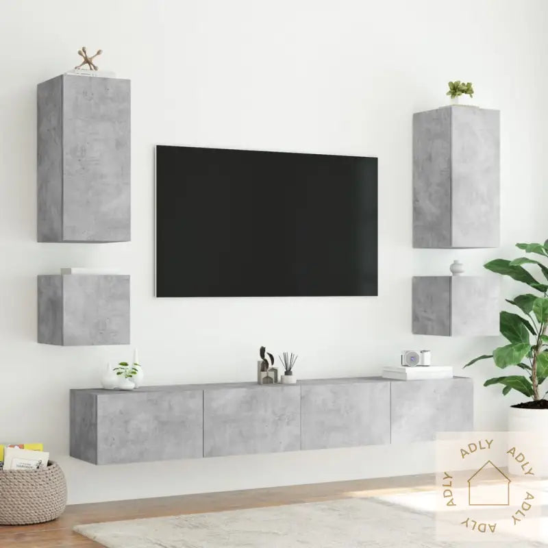 Vegghengt Tv-Benk Med Led-Lys Betonggrå 40,5X35X40 Cm