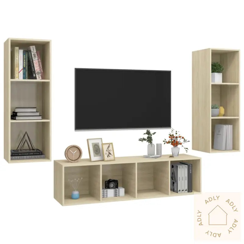 Tv-Benksett 3 Stk Sonoma Eik Konstruert Tre