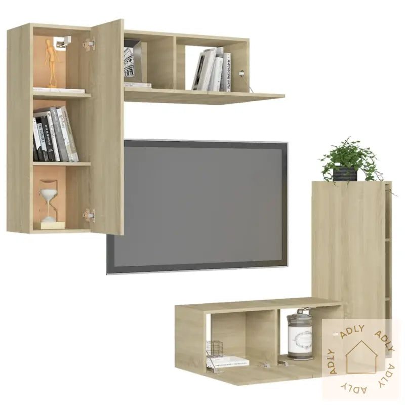 Tv-Benksett 4 Stk Sonoma Eik Konstruert Tre