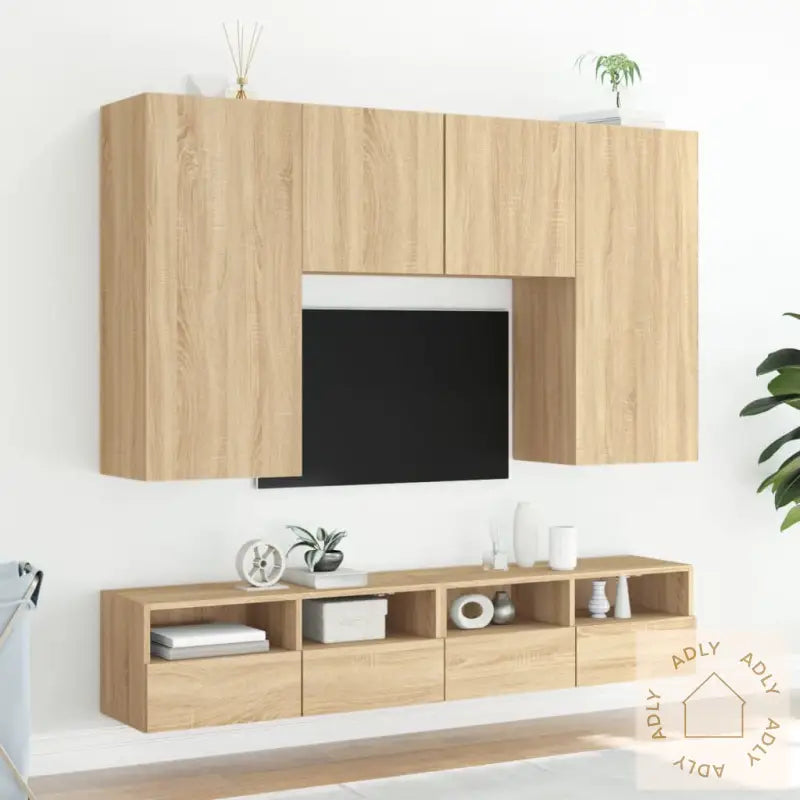 Vegghengte Tv-Benker 2Stk Sonoma Eik 100X30X30Cm Konstruert Tre