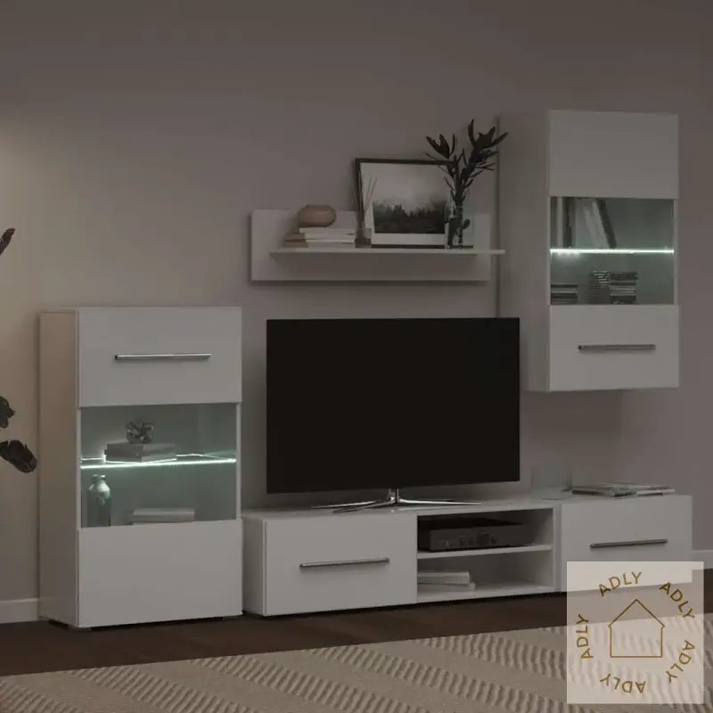 Tv-Møbel Med Skap Og Led-Lys 5 Deler Hvit