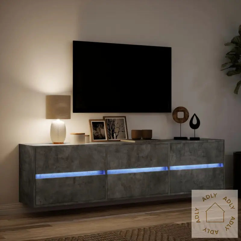 Vegghengt Tv-Benk Med Led-Lys Betonggrå 180X31X45 Cm