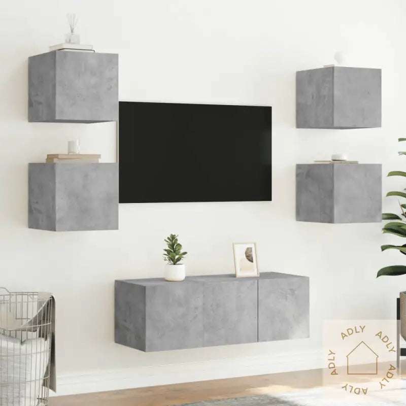 Vegghengt Tv-Benk Med Led-Lys Betonggrå 30,5X35X30 Cm