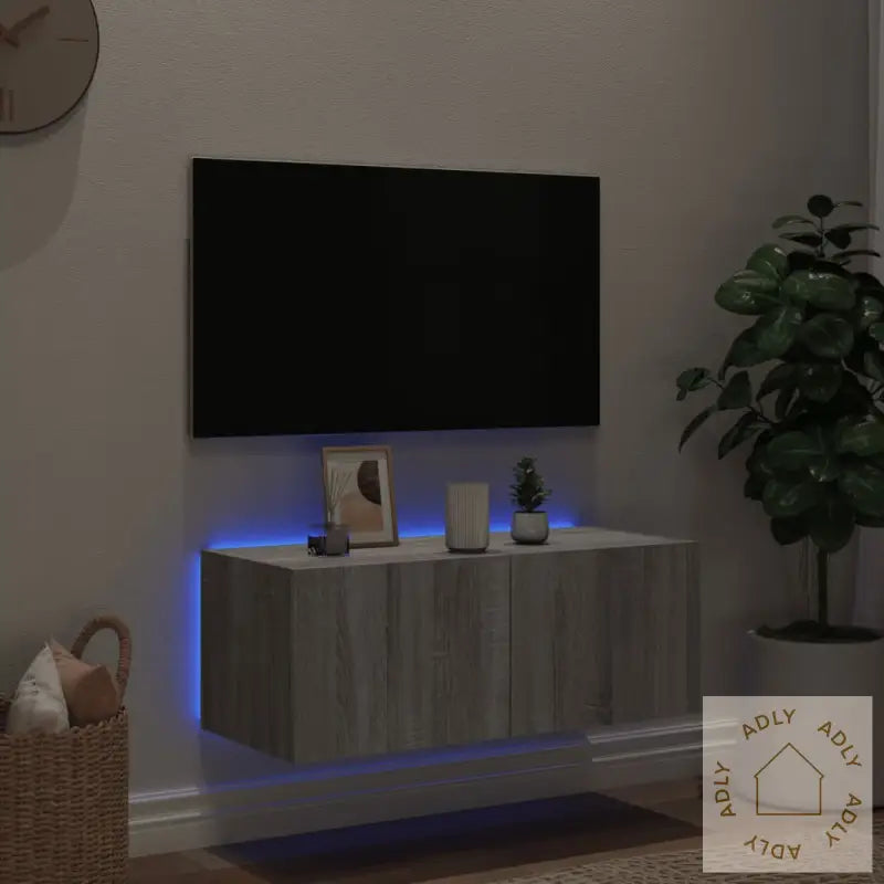 Vegghengt Tv-Benk Med Led Grå Sonoma 80X35X31 Cm