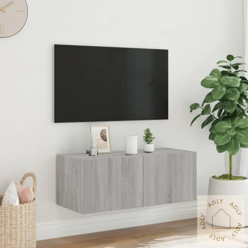 Vegghengt Tv-Benk Med Led Grå Sonoma 80X35X31 Cm