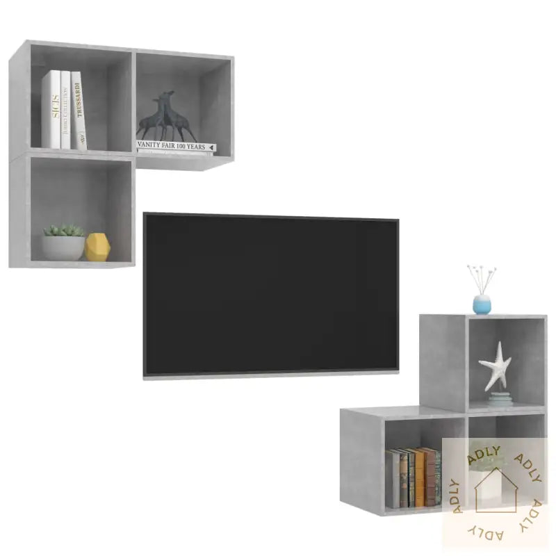 Tv-Benksett 4 Deler Betonggrå Konstruert Tre