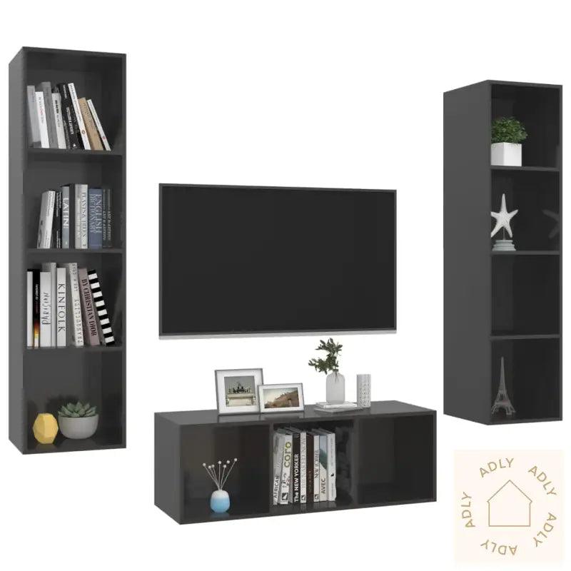 Tv-Benksett 3 Deler Høyglans Grå Konstruert Tre