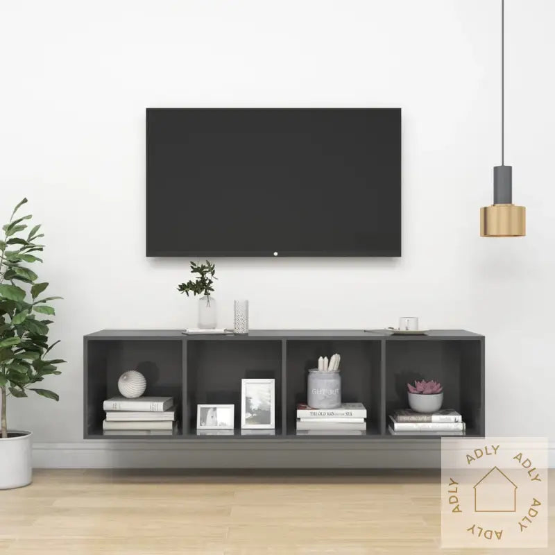 Vegghengt Tv-Benk Høyglans Grå 37X37X142,5 Cm Konstruert Tre