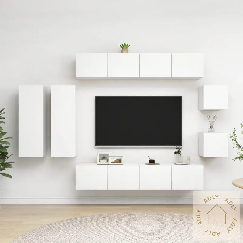Tv-Benksett 8 Deler Hvit Konstruert Tre