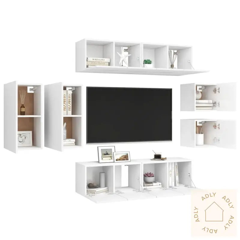 Tv-Benksett 8 Deler Hvit Konstruert Tre