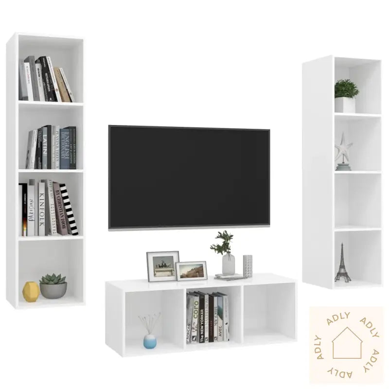 Tv-Benksett 3 Deler Hvit Konstruert Tre