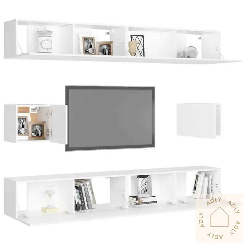 Tv-Benksett 6 Deler Hvit Konstruert Tre