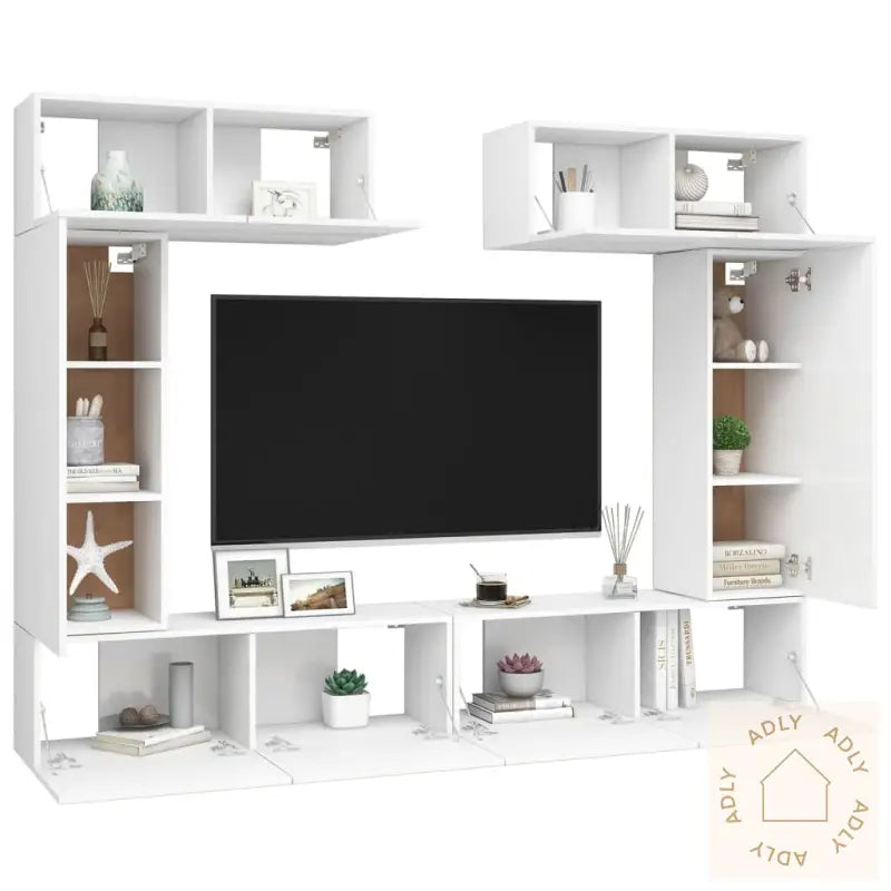 Tv-Benksett 6 Deler Hvit Konstruert Tre