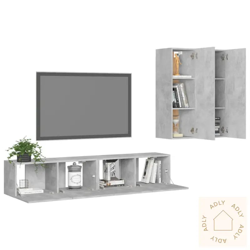 Tv-Benksett 4 Deler Betonggrå Konstruert Tre