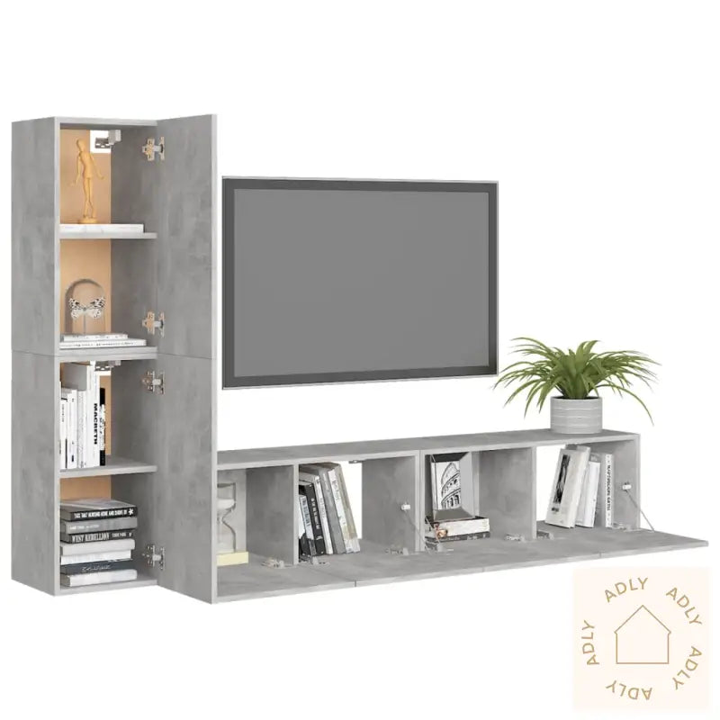 Tv-Benksett 4 Deler Betonggrå Konstruert Tre