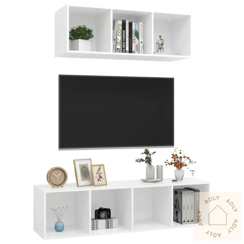 Tv-Benksett 2 Deler Hvit Konstruert Tre