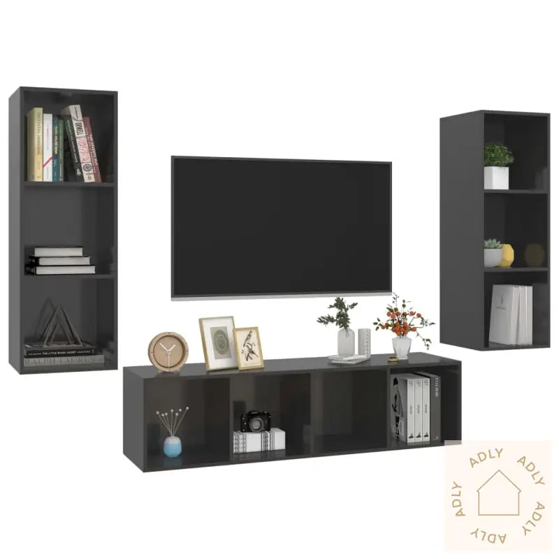 Tv-Benksett 3 Deler Høyglans Grå Konstruert Tre