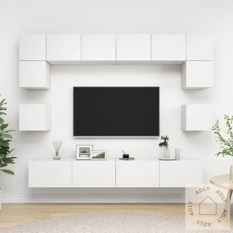 Tv-Benksett 8 Deler Hvit Konstruert Tre