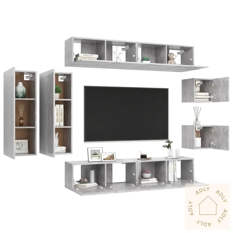 Tv-Benksett 8 Deler Betonggrå Konstruert Tre