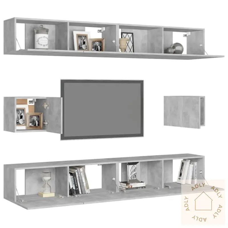 Tv-Benksett 6 Deler Betonggrå Konstruert Tre